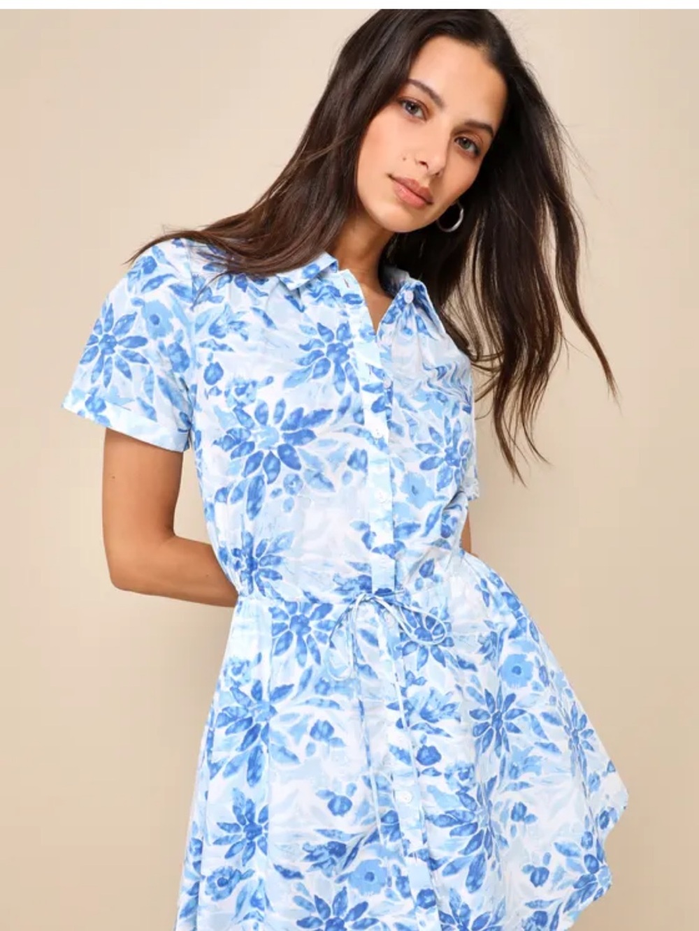 Lulu’s Sunny Charisma Blue Floral Button-Ups Mini Dress with Pockets